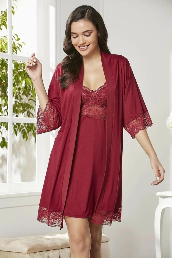 Pierre Cardin Penye Dantelli Gecelik Sabahlık Takım 4020 Bordo - Image 1