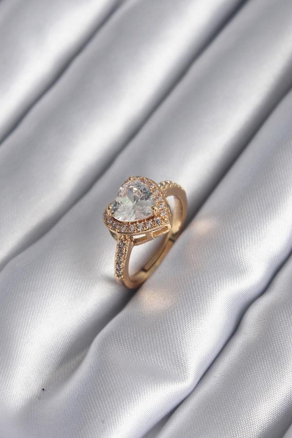Celira Pirinç Gold Renk Zirkon Taşlı Kalp Charm Model Kadın Yüzük NS4331 - Image 1