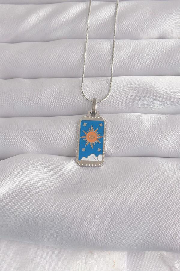 Celira 316L Çelik Gümüş Renk Mavi Mineli Güneş Model Tarot Kolye NS3442 - Image 1