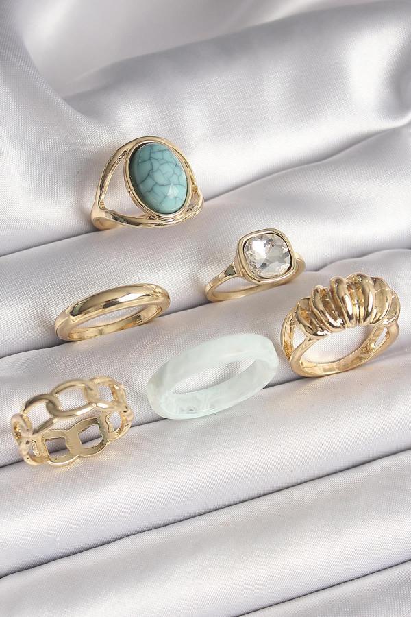 Celira Pirinç Gold Renk Kare Zirkon Taşlı Sarmal Model Mavi Taş Detay 6'Lı Kadın Yüzük Seti NS2279 - Image 1