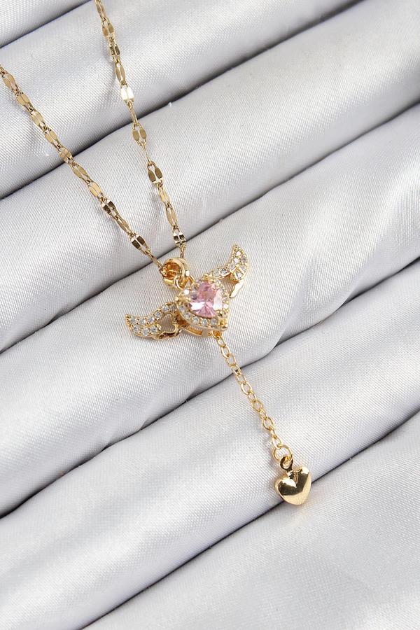 Celira 316L Çelik Zirkon Taşlı Melek Kanadı Detaylı Kalp Model Gold Renk Kadın Kolye NS0357 - Image 1