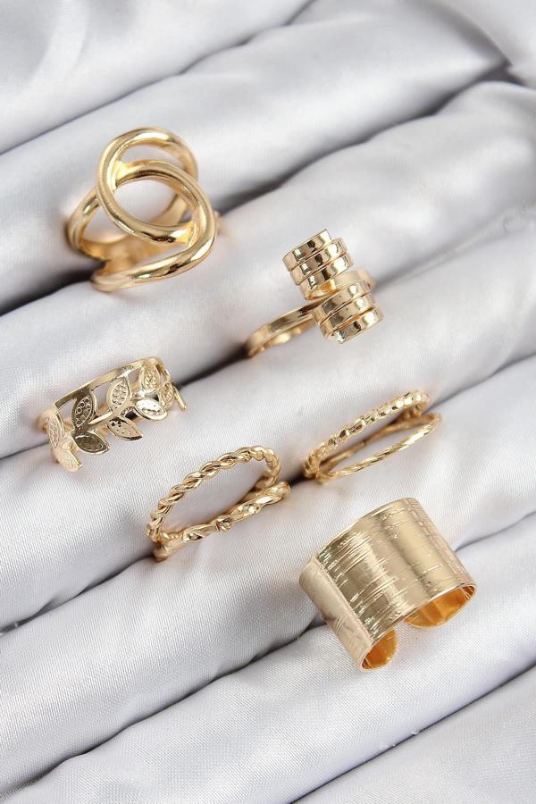 Celira Pirinç Yaprak Model Gold Renk Kadın Yüzük Kombin Set NS0269 - Image 1