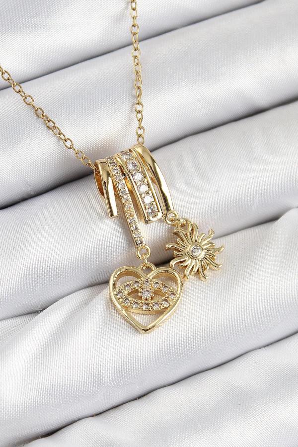 Celira 316L Çelik Zirkon Taşlı Sallantılı Kalp Ve Güneş Model Gold Renk Kadın Kolye NS0134 - Image 1