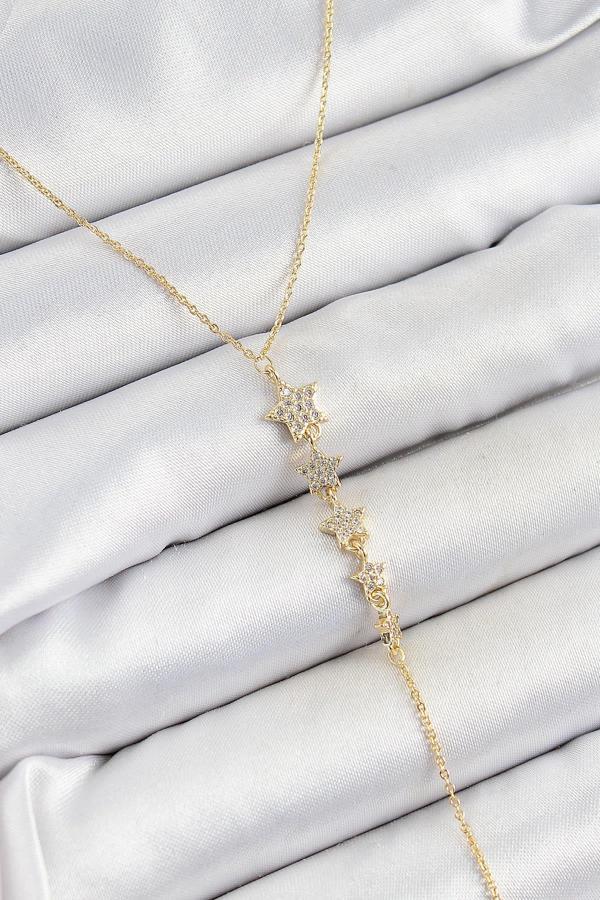 Celira Pirinç Zirkon Taşlı Sıralı Yıldız Figürlü Y Model Gold Renk Kadın Kolye NS1048 - Image 1