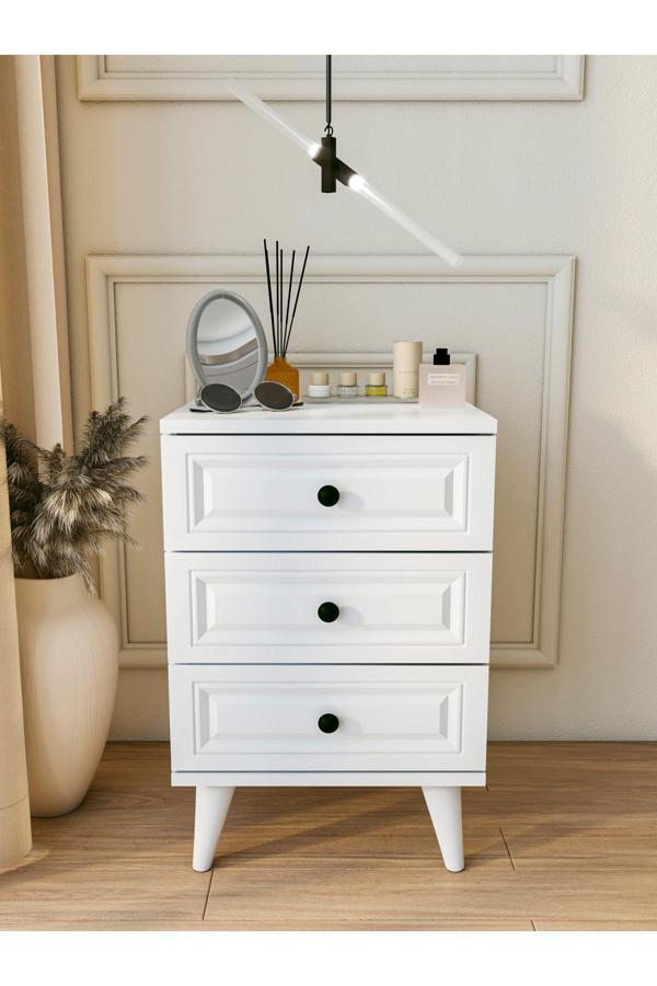 Montenero Komodin Parlak Beyaz 3 Çekmeceli Country Komodin Yatak Odası - Image 1