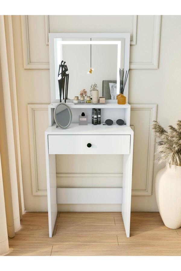Montenero Makyaj Masası Beyaz Takı Aksesuar Düzenleyici Çekmeceli Raflı Aynalı Özel Led Ayna - 02 - Image 1
