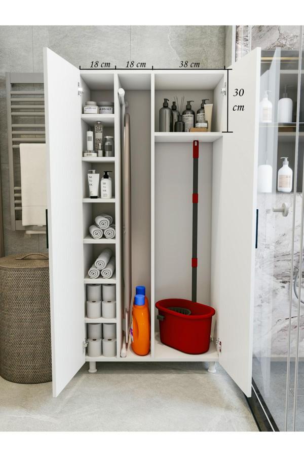 Montenero Çok Amaçlı Dolap Beyaz Banyo Düzenleyici Kiler Dolabı Kova Süpürge Paspas Deterjan Dolabı Orta Boy - Image 1