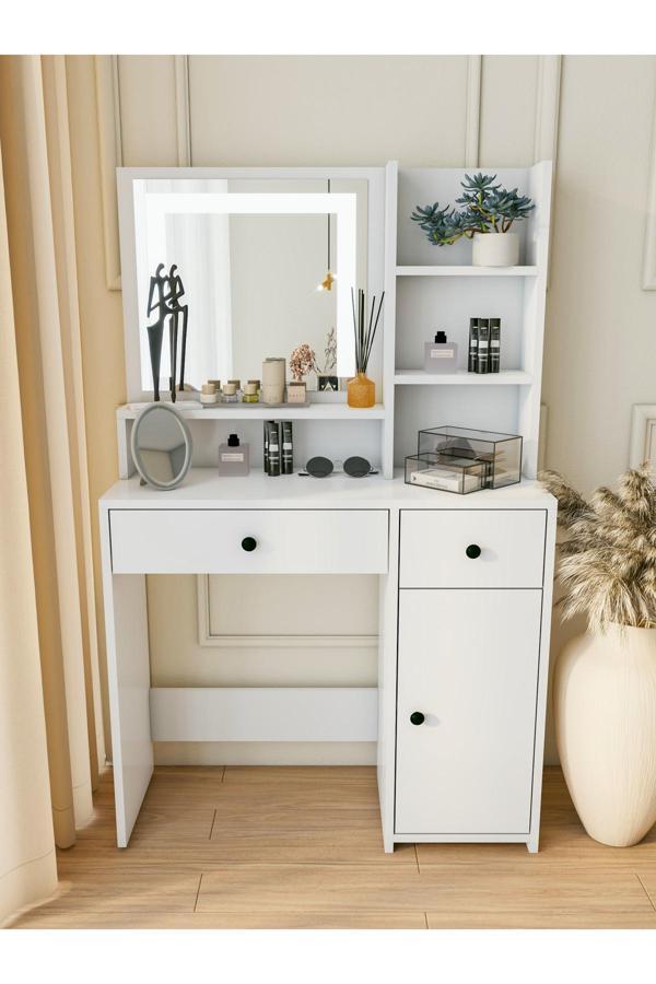 Montenero Makyaj Masası Beyaz Takı Aksesuar Düzenleyici Çekmeceli Raflı Aynalı Özel Led Ayna - Image 1