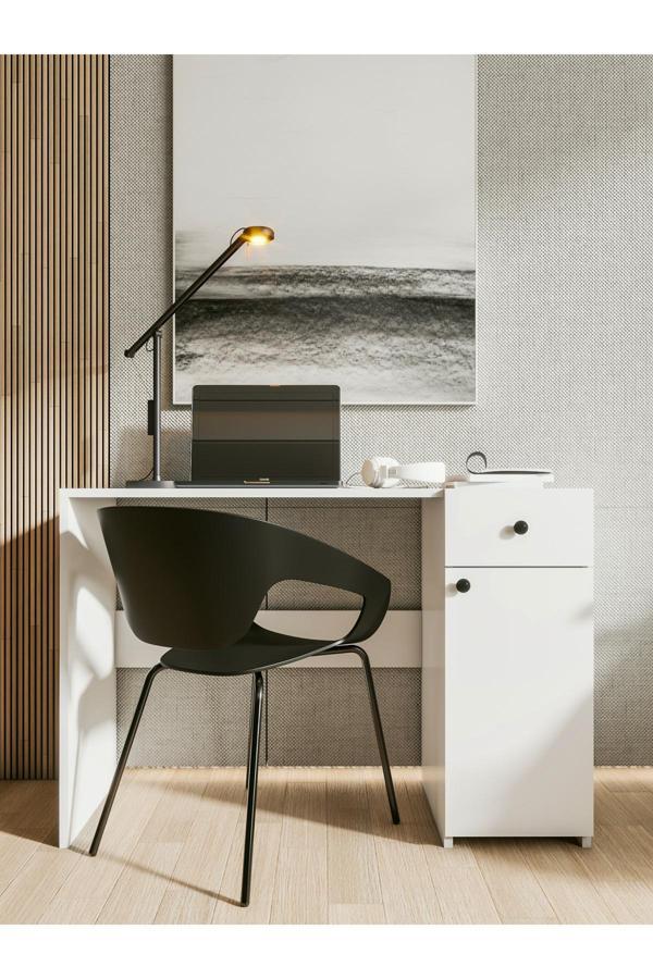 Montenero Çalışma Masası Parlak Beyaz Çekmeceli Bilgisayar Masası Dolaplı Masa - Image 1