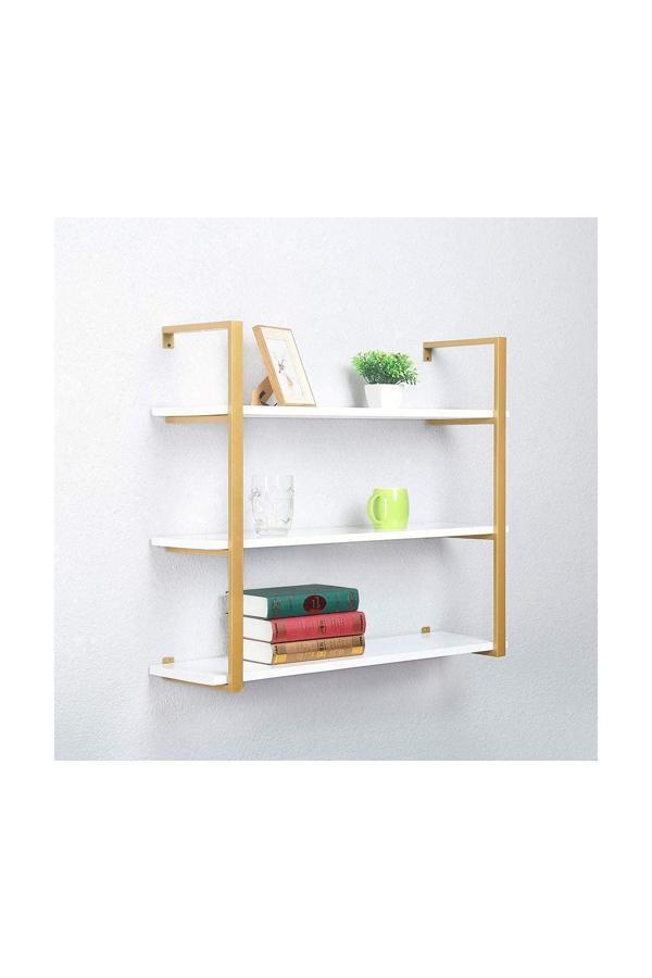 Hitit Dekorasyon Tasnia Gold Metal Ahşap Duvar Rafı 90Cm 3 Katlı - Image 1