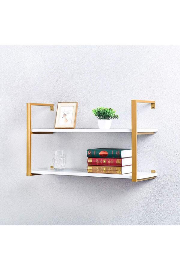 Hitit Dekorasyon Tasnia Gold Metal Ahşap Duvar Rafı 90Cm 2 Katlı - Image 1