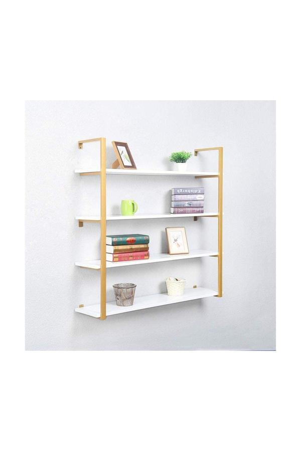 Hitit Dekorasyon Tasnia Gold Metal Ahşap Duvar Rafı 120Cm 4 Katlı - Image 1