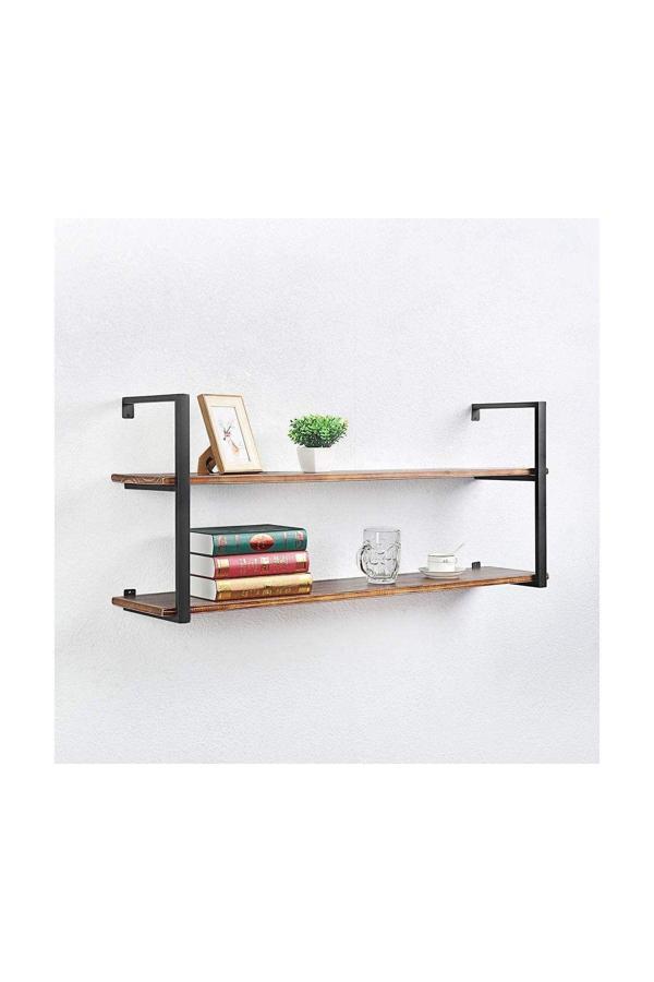 Hitit Dekorasyon Tasnia Siyah Metal Ahşap Duvar Rafı 120Cm 2 Katlı - Image 1