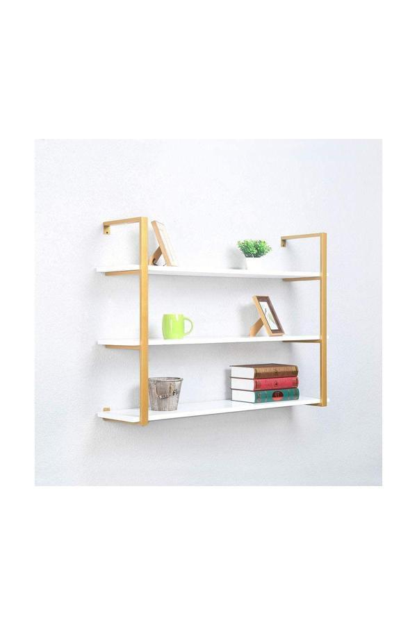 Hitit Dekorasyon Gold Metal Ahşap Duvar Rafı 120Cm 3 Katlı - Image 1