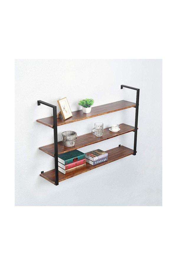 Hitit Dekorasyon Tasnia Siyah Metal Ahşap Duvar Rafı 120Cm 3 Katlı - Image 1
