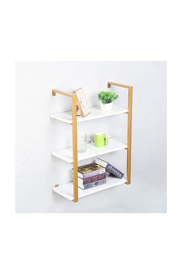 Hitit Dekorasyon Tasnia Gold Metal Ahşap Duvar Rafı 60Cm 3 Katlı - Image 1