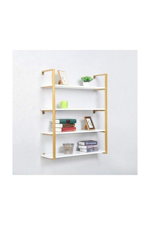 Hitit Dekorasyon Tasnia Gold Metal Ahşap Duvar Rafı 90Cm 4 Katlı - Image 1