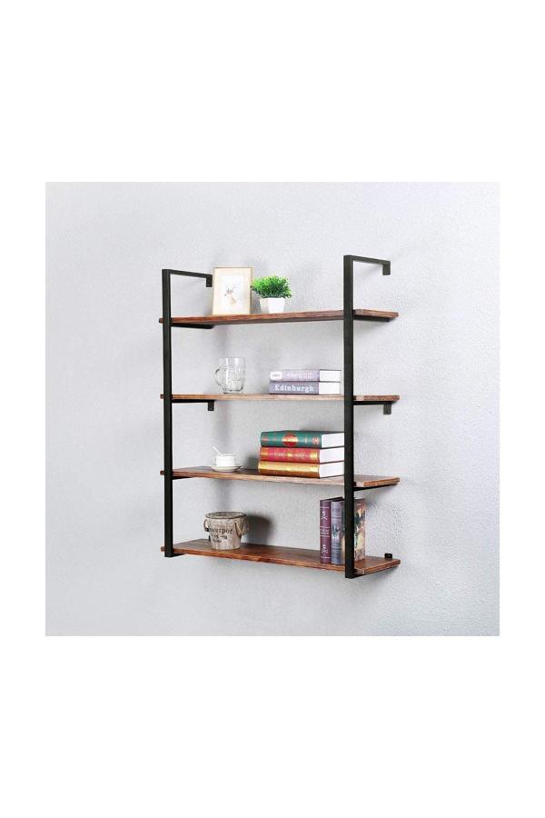 Hitit Dekorasyon Tasnia Siyah Metal Ahşap Duvar Rafı 90Cm 4 Katlı - Image 1