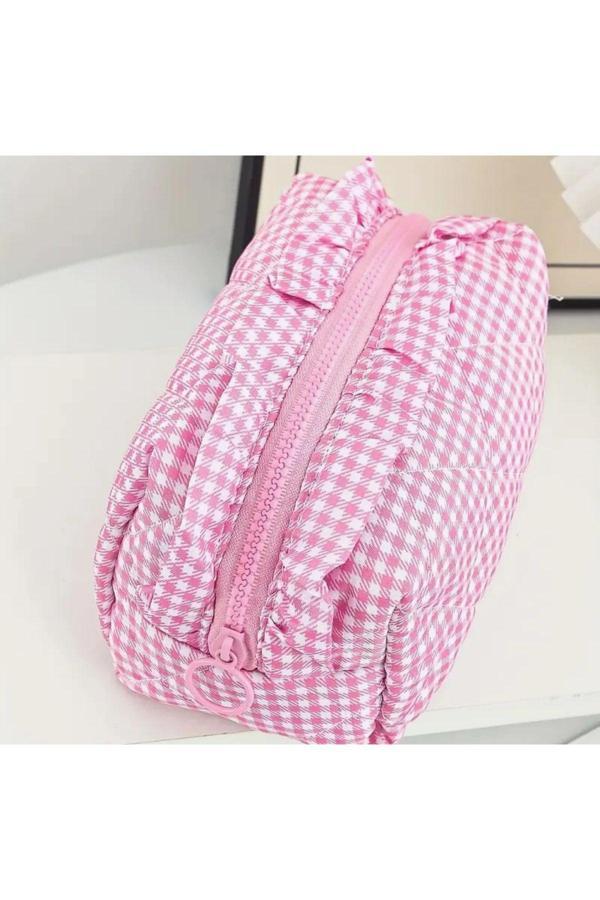 My Balli Store Pötikare Desenli ,Fırfırlı Gingham Kumaşlı Katlanabilir Makyaj Çantası - Image 1