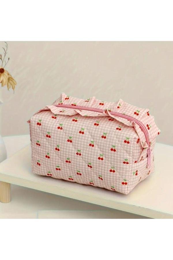 My Balli Store Kiraz Desenli Şık Kapitone Makyaj, Seyahat,Orginizer Çanta - Image 1