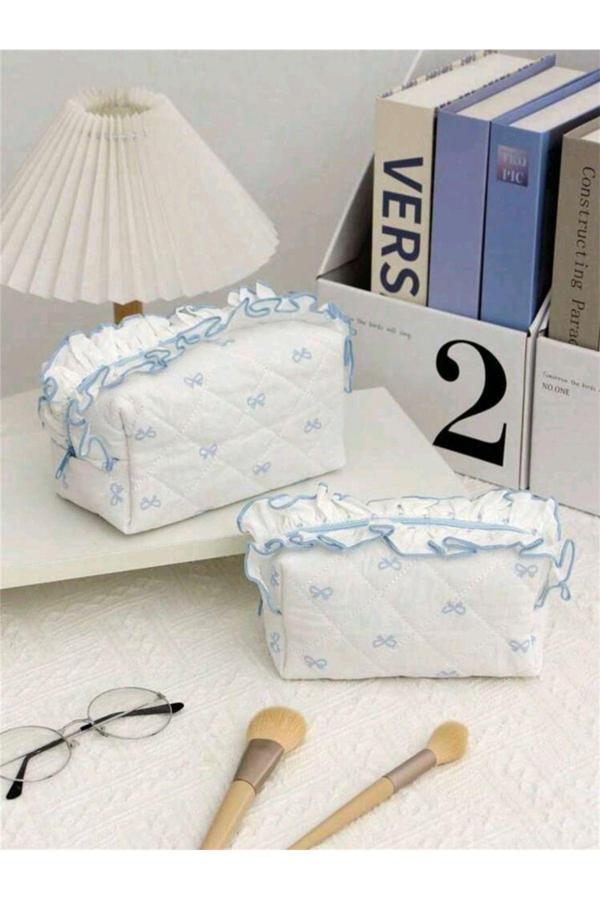 My Balli Store Mavi Fiyonk Desenli 2'Li Makyaj Çantası (Orta Ve Küçük) - Image 1