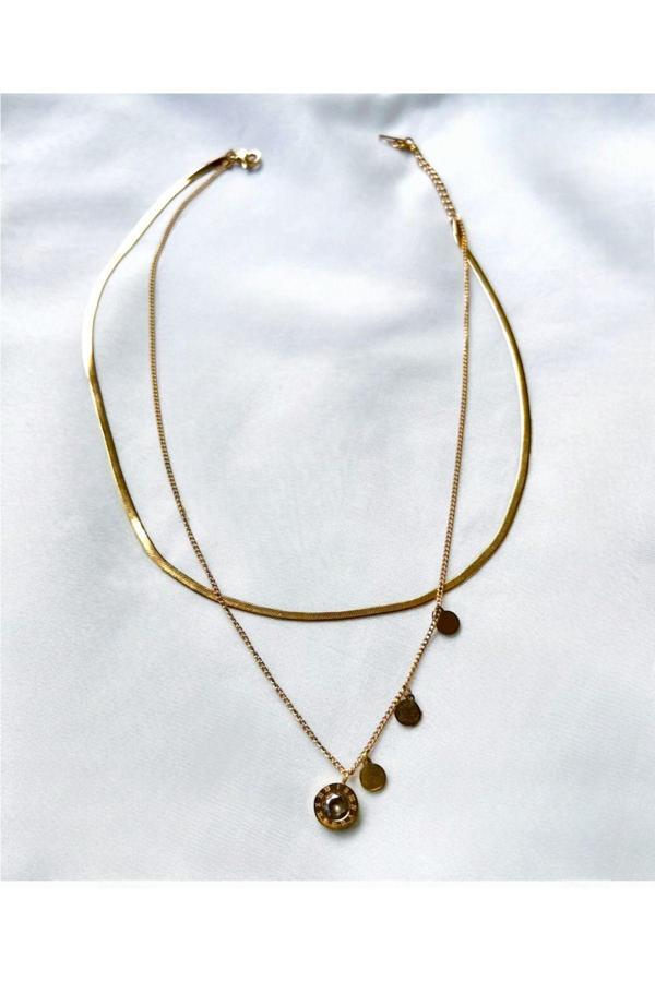 El Yapımı İtalyan Altın Renkli Çelik Çift Pullu Kolye - Image 1