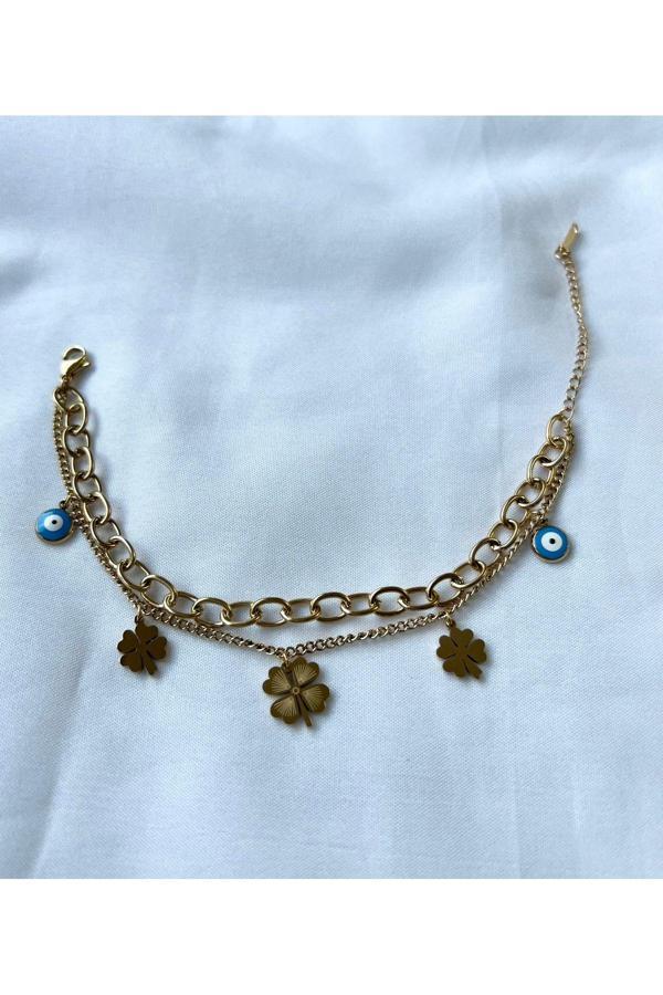 El Yapımı Yonca Şekilli Ve Nazar Boncuklu Altın Renkli Çelik Bileklik - Image 1