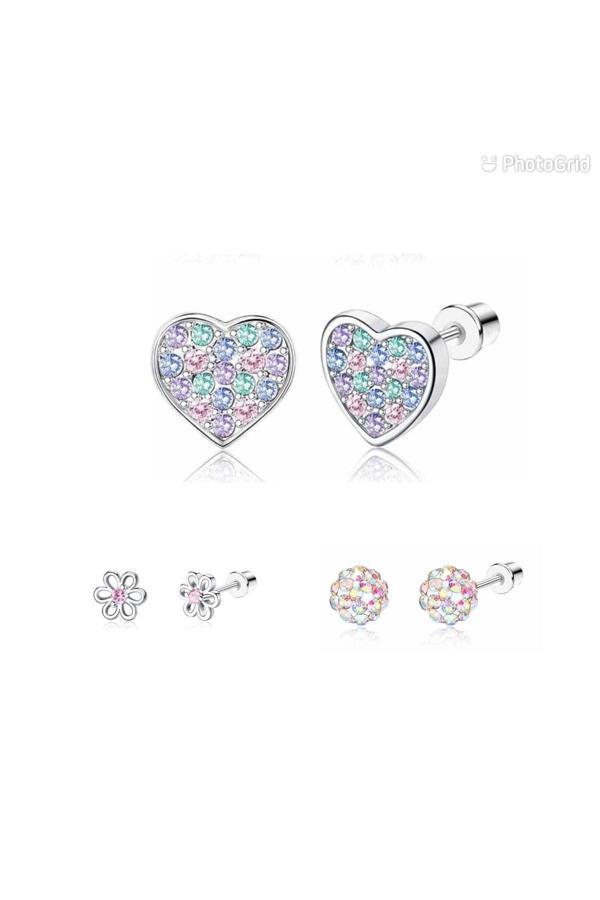 My Balli Store Kız Çocukları İçin, Hipoalerjenik Paslanmaz Çelik, Zirkon 3 Lü Küpe Seti - Image 1