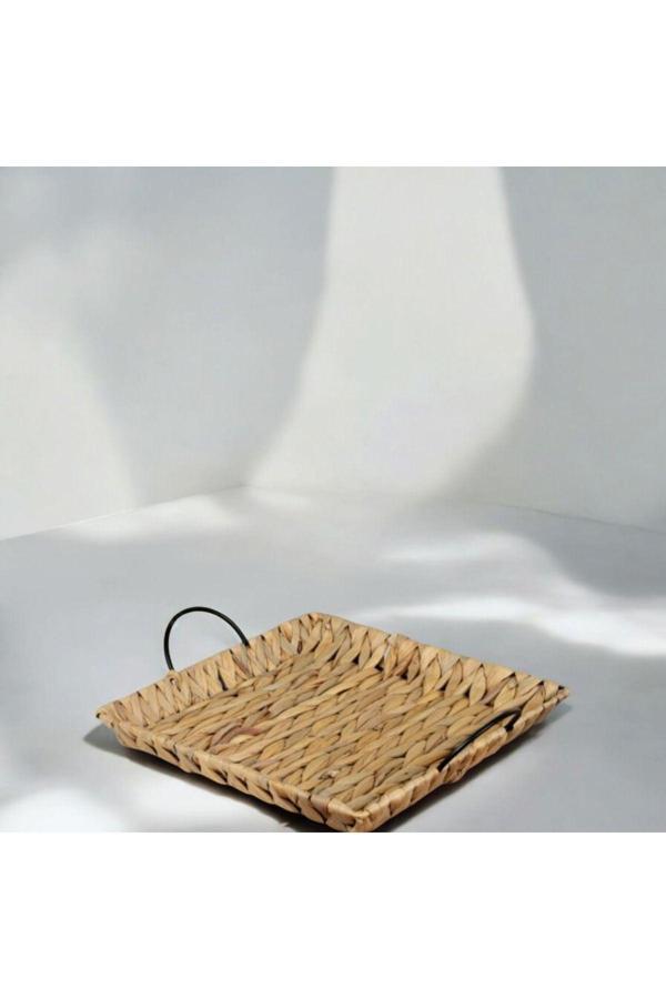 My Balli Store Metal Kulplu Dekoratif Hasır Servis Tepsisi, El Yapımı, Doğal Örgü - Image 1