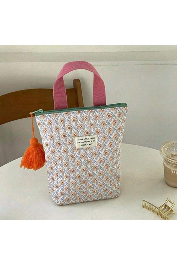 My Balli Store Kadınlar İçin Şık Çiçekli Kapitone Tote Çanta - Püskül Detaylı Taşınabilir Fermuarlı El Çantası - Image 1