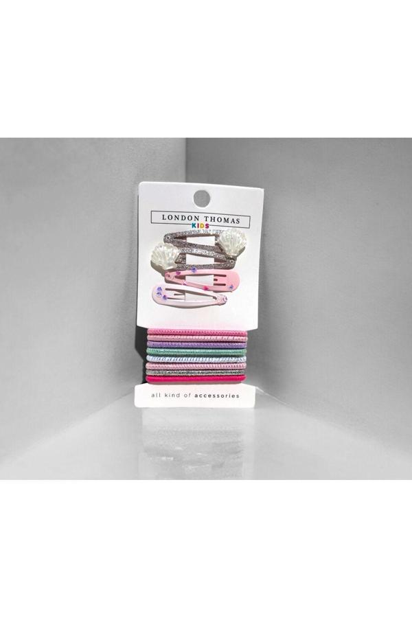 My Balli Store Kız Çocuk Saç Aksesuarı Seti, 4 Adet Desenli Tokalar, 10 Adet Renkli Lastik - Image 1
