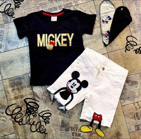 MODAVALS MICKEY APLİKELİ DERİ DETAYLI BOYUNLUKLU BEYAZ KOT ŞORTLU ERKEK ÇOCUK TAKIM - SİYAH - Image 1