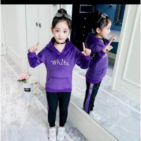 MODAVALS ŞERİT DETAYLI NAKIŞLI KAPİŞONLU KANGURU CEP FRANSIZ KADİFE GARSON BOY KIZ ÇOCUK EŞOFMAN TAKIMI - MOR - Image 1