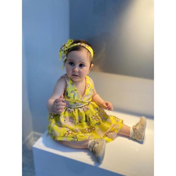 MODAVALS LİMON SARI KARDEŞ KOMBİN ÇİÇEKLİ KIZ ÇOCUK ELBİSE & BANDANA KOMBİN - Image 1