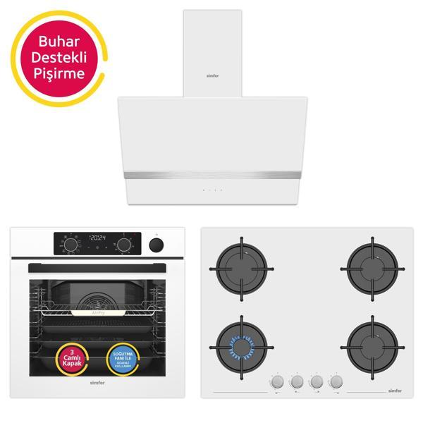 Simfer 11 Fonksiyon Steam Master Beyaz 3'lü Ankastre Set (8245 Fırın - 3654 Ocak - 8739 Davlumbaz) - Image 1