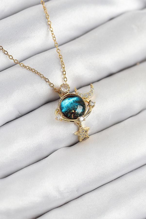 316L Çelik Zirkon Taşlı Gezegen Model Gold Renk Kadın Kolye 10507 - Image 1