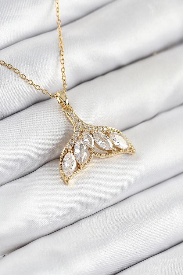 316L Çelik Zirkon Taşlı Balık Kuyruğu Model Gold Renk Kadın Kolye 10511 - Image 1