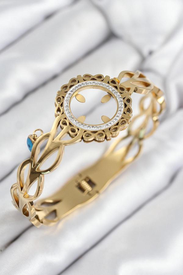 316L Çelik Zirkon Taşlı Çeyrek Takılabilir Gold Renk Kelepçe 7822 - Image 1