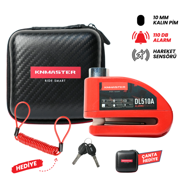 KNMASTER DL506A 6mm Alarmlı Disk Kilidi | Hatırlatma Kablosu ve Taşıma Çantası Hediye | Kırmızı - Image 1
