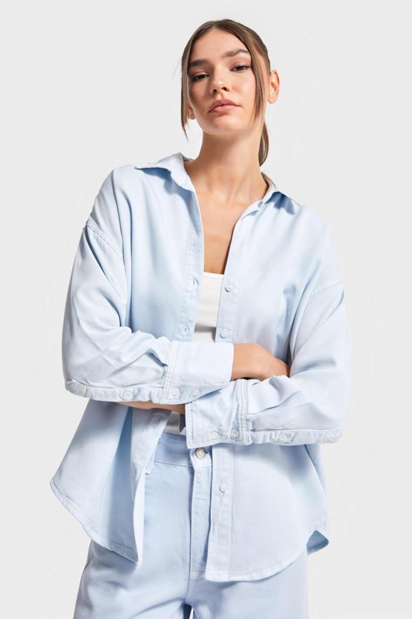 Kadın Bebe Mavisi Renk 6s5-103 Organik Pamuk Viskon  Kumaş Oversize Gömlek - Image 1