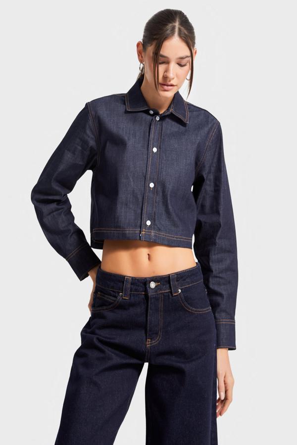 Kadın İndigo Renk cc01 7s5-50 Crop Fit Önü Düğmeli %100 Organik Denim Kumaş Gömlek - Image 1