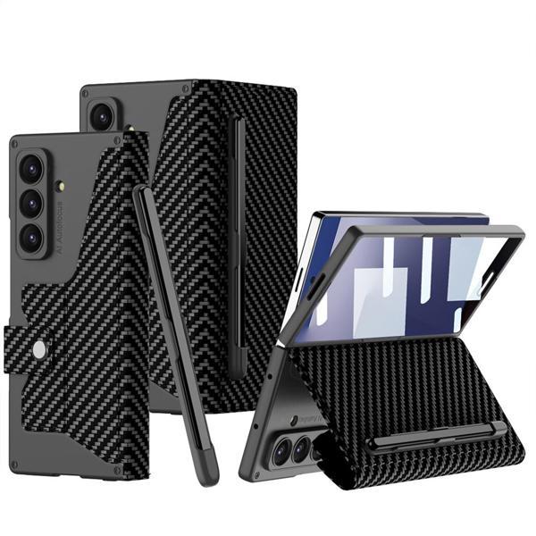 Galaxy Z Fold 7 Kılıf Kamera Korumalı Karbon Tasarımlı Kıpta Kalem Bölmeli Fest Kapak - Image 1