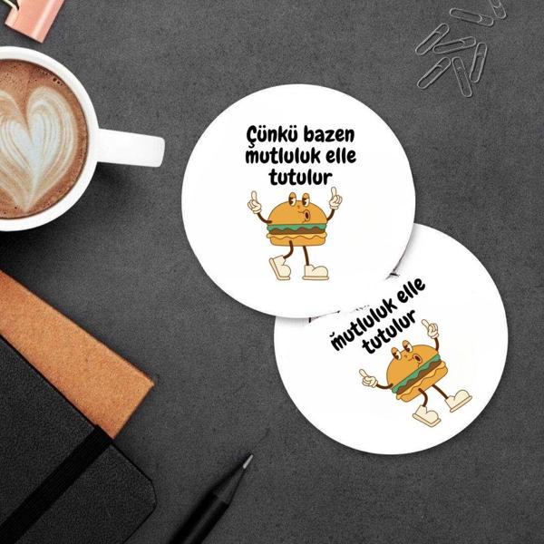 Çünkü Bazen Mutluluk Elle Tutulur Tasarımlı 2’li MDF Bardak Altlığı - Image 1