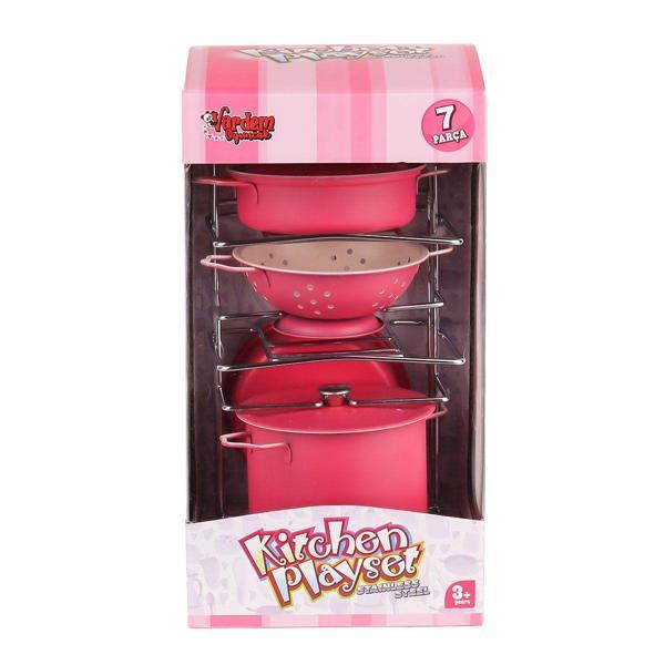 ATF-683G-6 Raflı Pembe Emaye Tencere Tava Seti 7 Parça -Vardem Kız Erkek Çocuk Oyuncak Eğitici Oyunc - Image 1