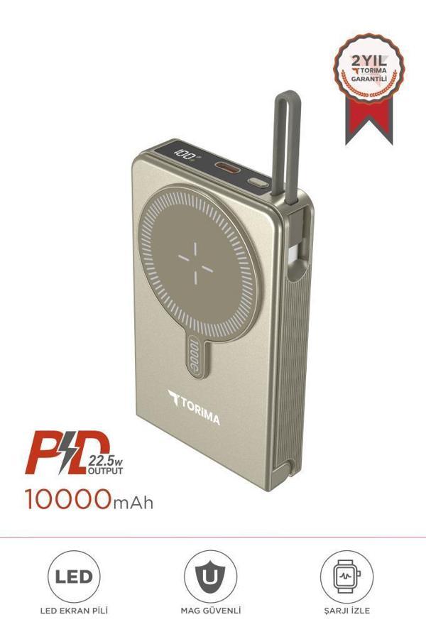 Torima TRM-1019 GOLD 10000 mAh  Mag Safe Type-C  + USB  Kablolu-Kablosuz Taşınabilir 22,5 W Hızlı Şarj Dijital Göstergel - Image 1