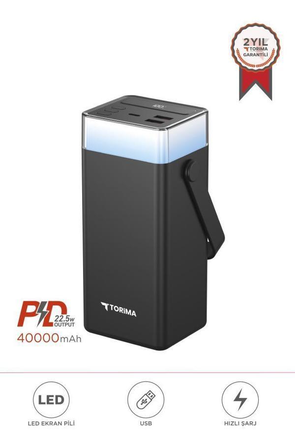 Torima TRM-1041 Siyah 40000 mAh Type-C + Lightning + USB  Taşınabilir 22,5 W Hızlı Şarj Dijital Göstergeli RGB Led Işıkl - Image 1