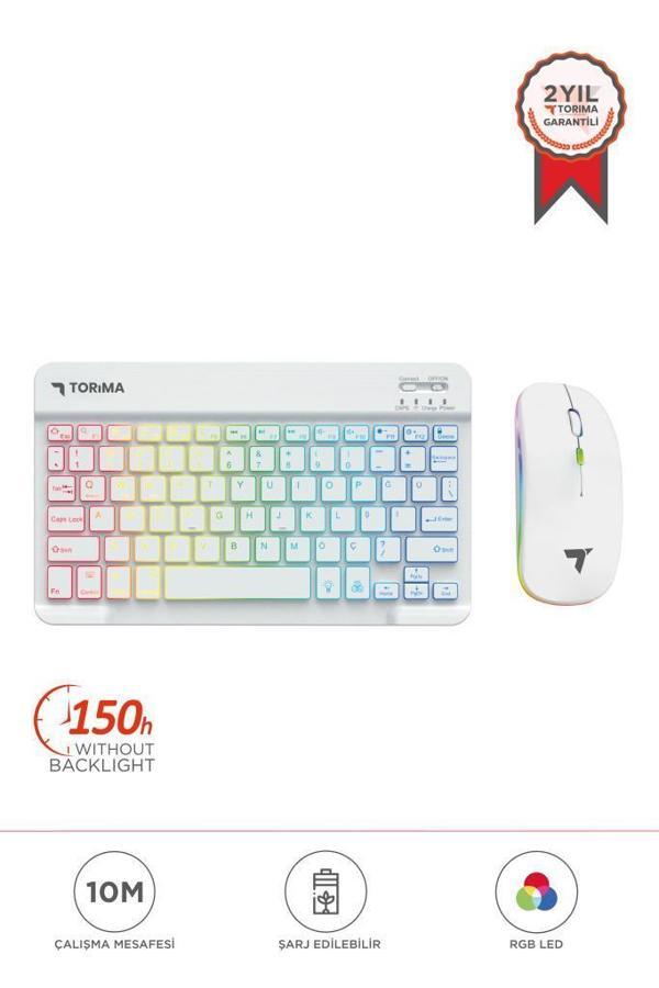 Torima TMK-09 Beyaz Şarj Edilebilir RGB Işıklı Kablosuz Klavye Mouse Seti - Image 1