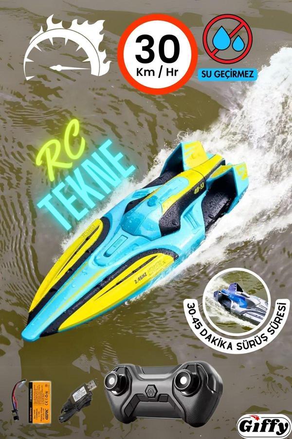 Giffy Yüksek Hızlı Uzaktan Kumandalı Rc Tekne 30 Km/Hız Batmayan Işıklı Şarjlı Çift Başlı Turbo Motor Dual - Image 1