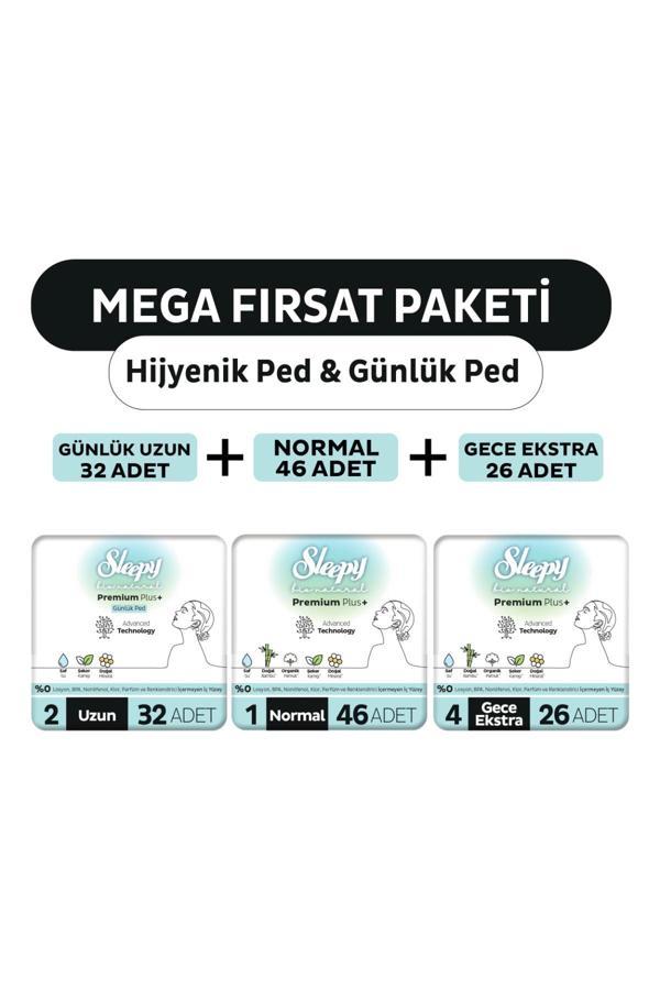 Sleepy Bio Natural Premium Plus Hijyenik Ped Mega Fırsat Paketi 72 Adet + Günlük Ped Uzun 32 Adet - Image 1