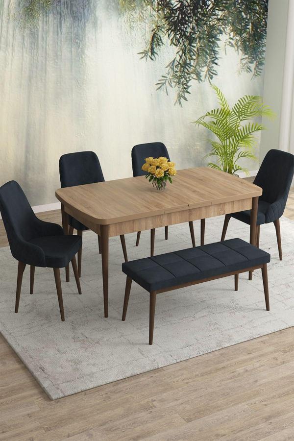 Meri Serisi Meşe Desen 80x132 Açılabilir Mdf Masa Yemek Odası Takımı,Mutfak Takımı 4 Sandalye 1Bench - Image 1